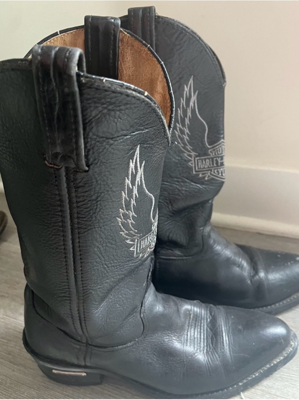 Harley-Davidson Black Leather Western Cowboy Boots with Wing Emblem
